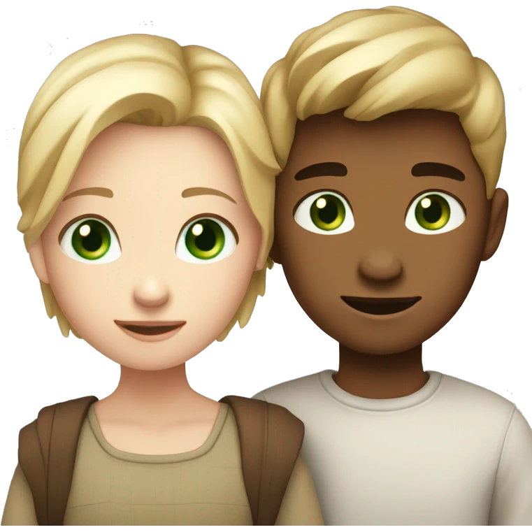 A boy with fair skin, blond short hair and blue eyes and a girl with fair skin, brown straight hair, with green eyes hugging together emoji