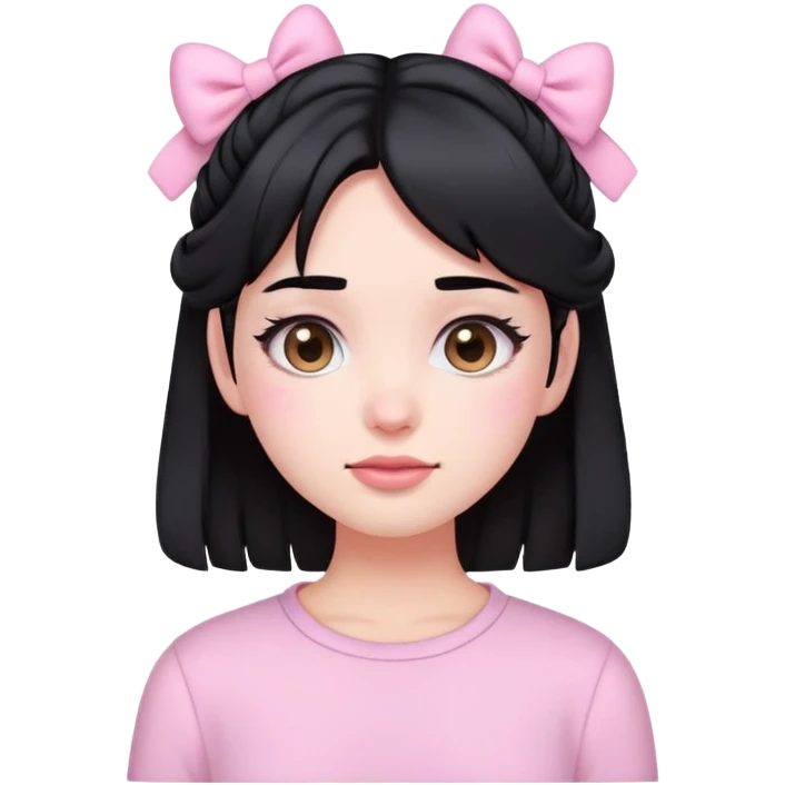 a pretty emoji girl with black hair wearing light pink clothes, cutecore style, with light pink clips in her hair emoji
