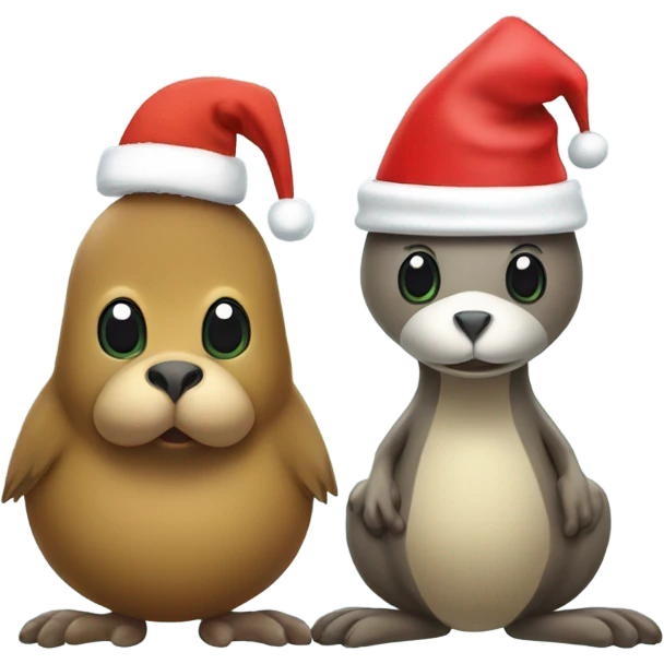 kiwi bird wearing Santa hat and kangaroo wearing Santa hats emoji
