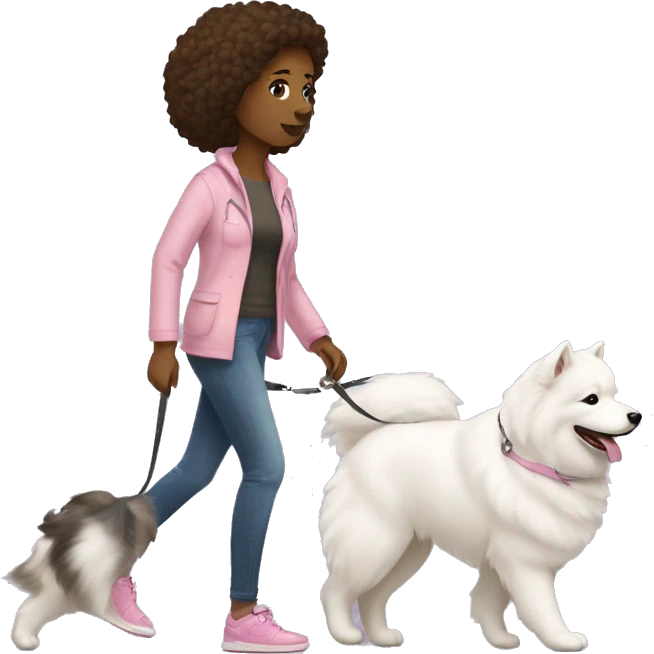 side profile full body view of brunette female with light pink skintone walking one samoyed dog on a leash going to the right emoji