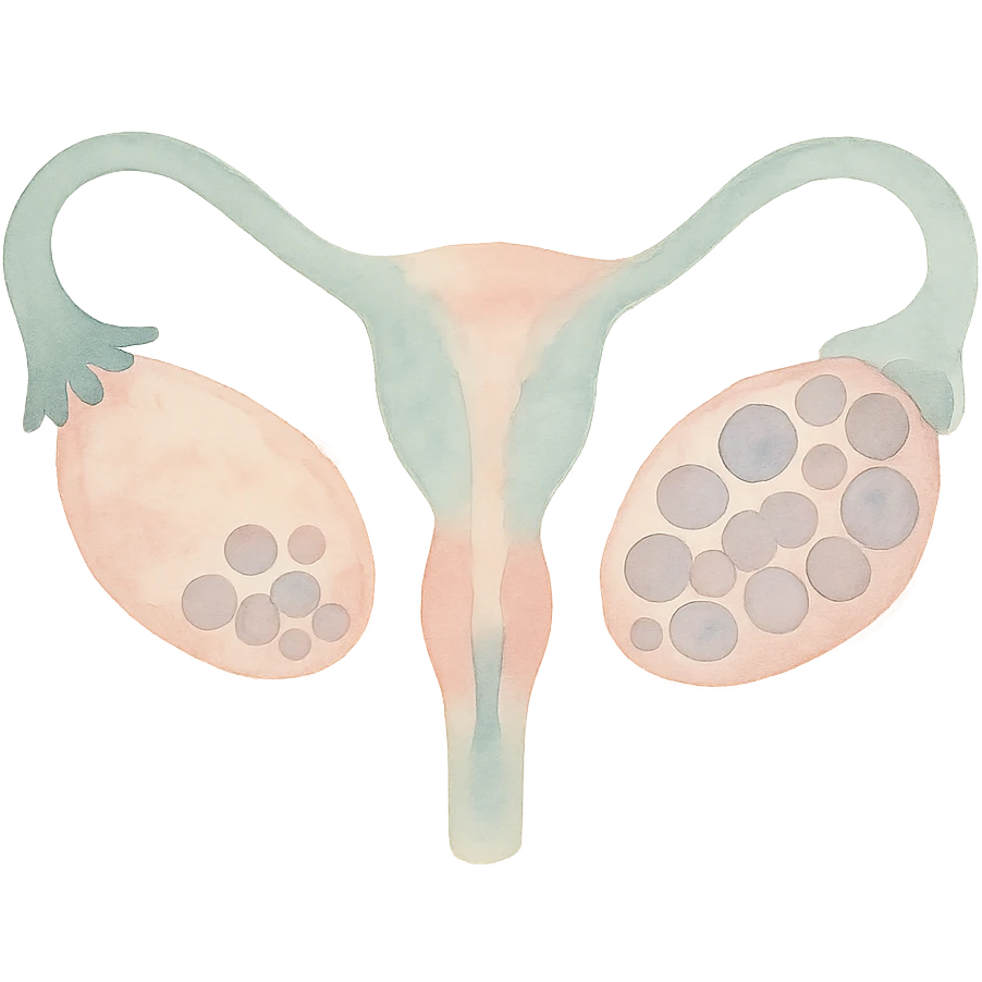 artistic rendering of ovaries with cysts, gentle pastel colors, minimal background, approachable and informative emoji