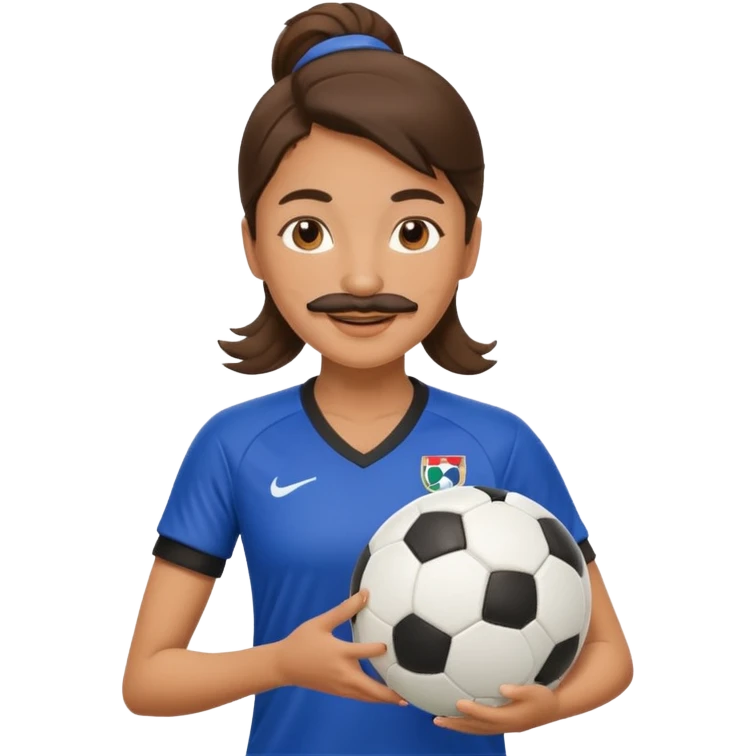 woman soccer player with mustache holding soccer ball emoji