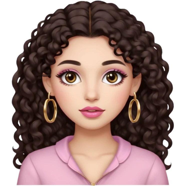 Woman with long dark brown curls, big brown eyes, thick brows, fair/light-medium skin, rosy blush, glossy pink lips, gold hoops, and soft natural glam makeup. emoji