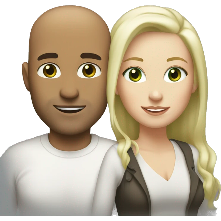 Loving white couple. Male = bald, 35, white, light green eyes. Female = long blonde highlights, light green eyes emoji