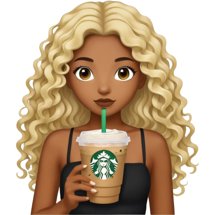 a black girl with long curly wavy blonde hair and brown eyes wearing a black tube top holding a starbucks matcha facing forward aesthetic  emoji
