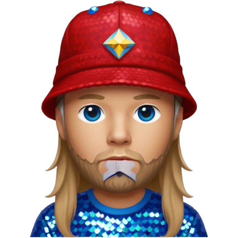 Fred Durst with long dark blonde hair, red sequin shirt and hat, blue eye emoji