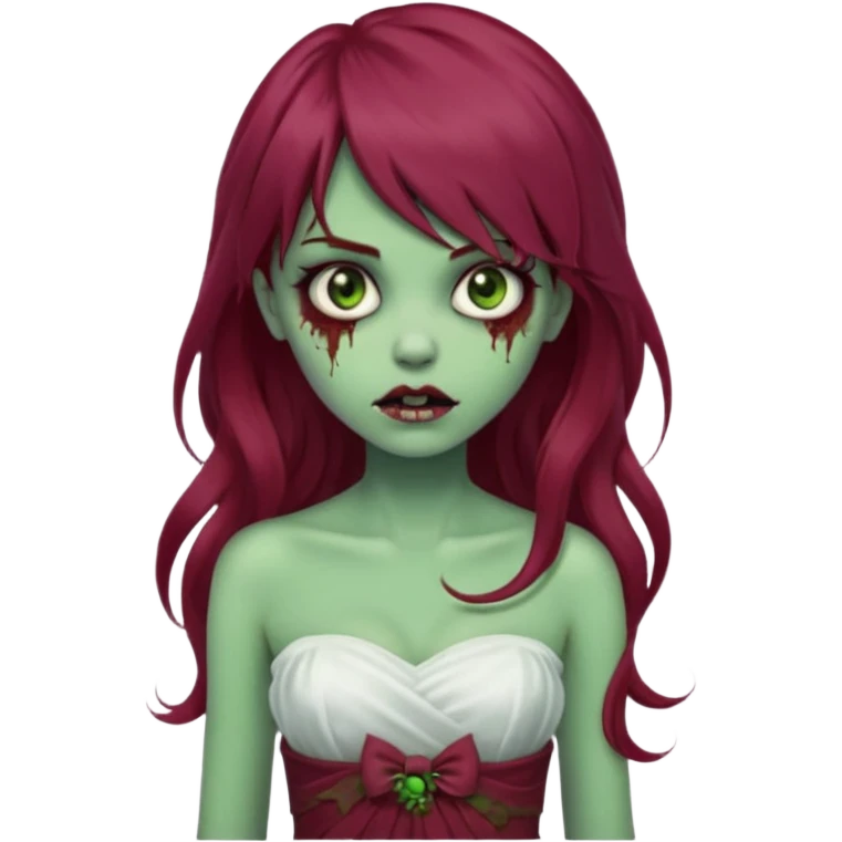 Faça uma garota com pele verde e que seja zombie, que tenha cabelo grande da cor vermelho marsala e que tenha uma franja e que seja liso mais enrolado nas pontas, e que esteja vestindo um sobre tudo(vestido sem alça) da cor branca  emoji