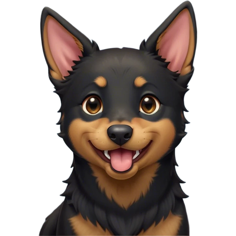 Cinematic Cute Yawning Black and Tan Kelpie Portrait Emoji, Head tilted slightly with a dramatic, wide-open yawn, showcasing a smooth black Fur with distinct tan accents, floppy ears slightly drooping, round dark eyes barely open in drowsy contentment, Simplified yet irresistibly adorable features, highly detailed, glowing with a soft, cozy glow, high shine, relaxed yet expressive, stylized with a touch of whimsy, bright and endearing, soft glowing outline, capturing the essence of a sleepy yet affectionate herder, so drowsy it feels like it could stretch out of the screen and curl up for a nap! emoji