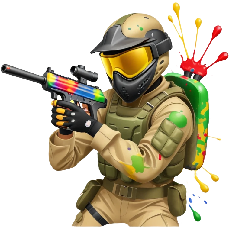 A paintball player in full gear, aiming a paintball gun with focus and determination. The scene includes vibrant splashes of paint and a dynamic battlefield setting, emphasizing action, strategy, and teamwork in a competitive environment emoji