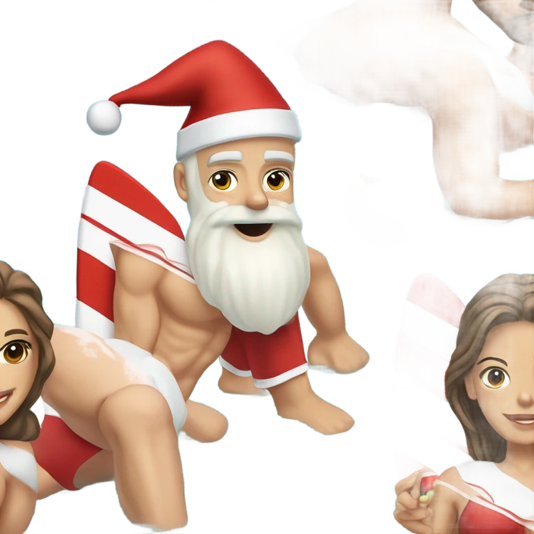 Santa a white man, traditional at the beach with a swim top for women on a surf board, wearing a woman’s swim top. Make him also flamboyant with a big white beard. Santa is Lebanese emoji