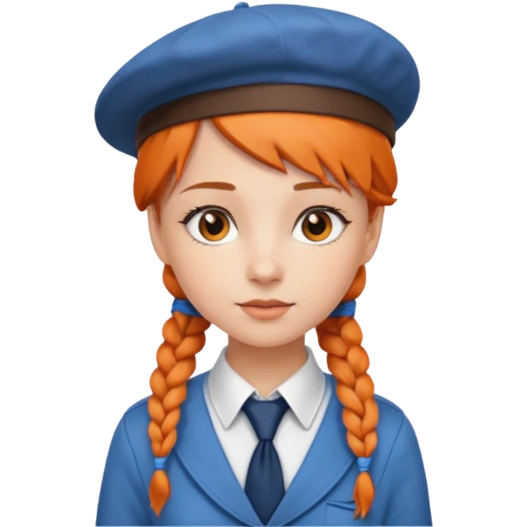 orange braided hair girl, wearing white shir, a brown berret Hat, Blue Necktie emoji
