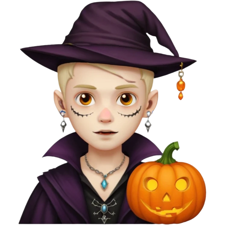 wampire boy with pumpkin hat and face tattooed and extra big earing emoji