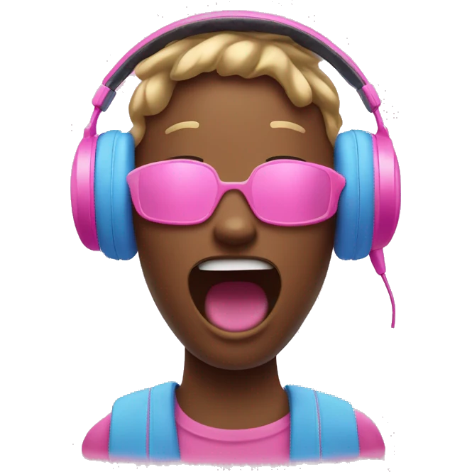 a taffy pink-colored emoji, singing notes with capri blue headphones emoji