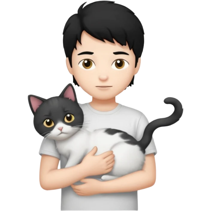 generate a pretty bratz emoji of a boy with black hair wearing a white tshirt and holding a cat emoji