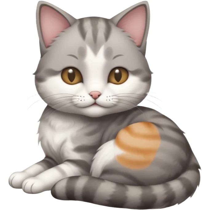 1 grey and white small cat with its eyes closed lying down leaning on its elbow with its paw curled under his head holding it up emoji