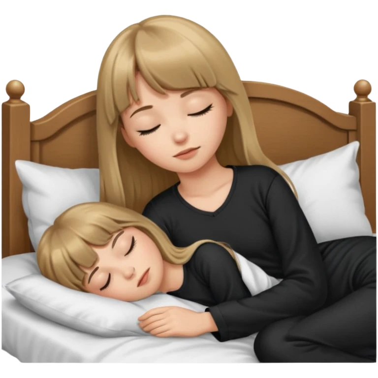 Young woman with long dark blond hair all around her, and a bang, sleeping in bed  with black pyjama  emoji