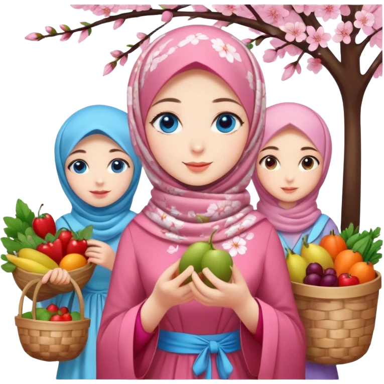 Turkish beautiful finish Konya girls blue eyes with lovely cherry blossom hijab long tail dress and the friends shopping in a market fruits and vegetables  emoji