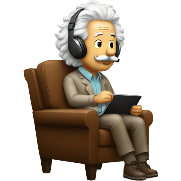 albert einstein happy listening music with just wireless headphones while sitting on the brown chair emoji