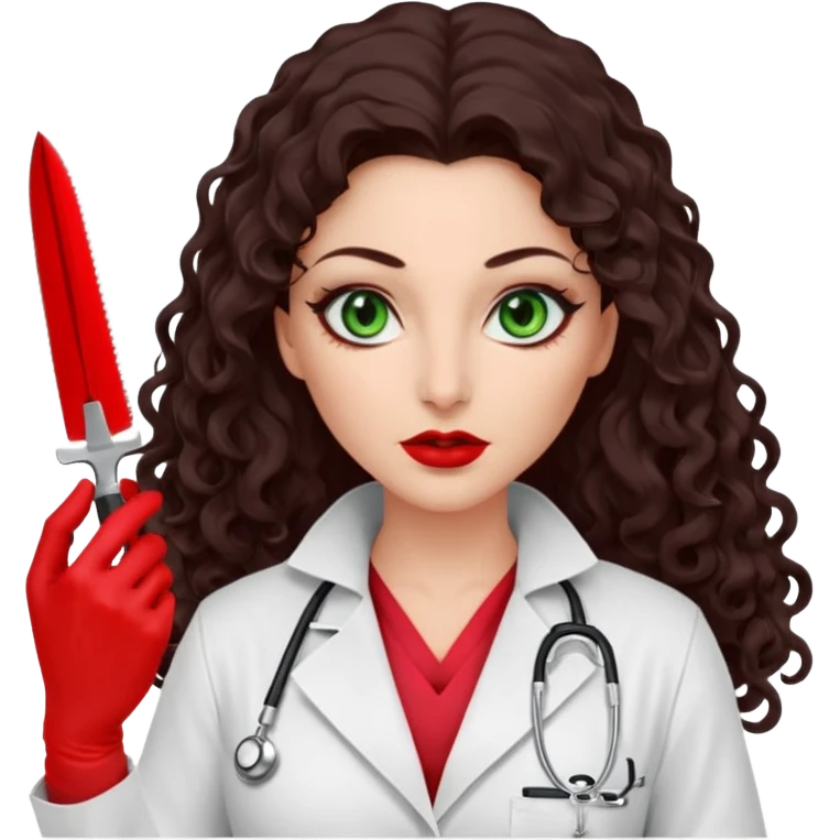 Lilith scalpel sexy evil woman. She has green eyes.  has dark brown long curly hair.  evil surgeon kills holding scalpel.  wears sexy doctor coat with red gloves. Covers only nose neck  and mouth with Muslim red berka  emoji