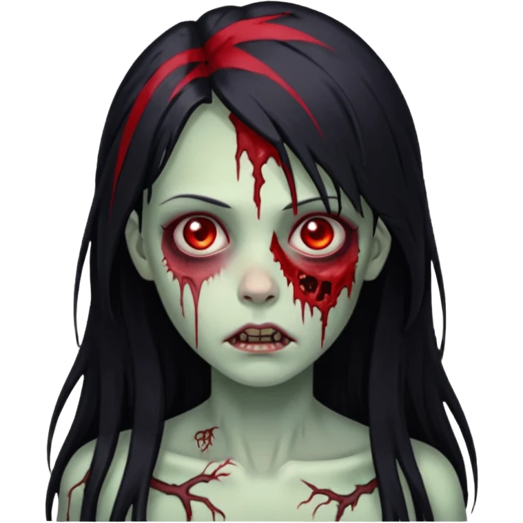 Garota zumbi cabelo longo preto, mechas vermelhas SOMENTE nas laterais, na frente da cabeça emoji