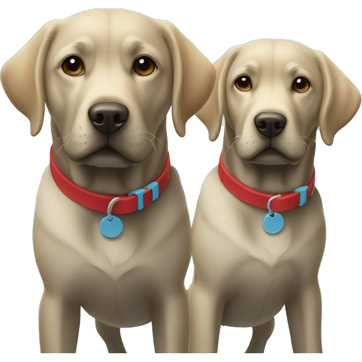black-coloured labrador on the left with red collar, black-coloured labrador on the right with light blue collar. emoji