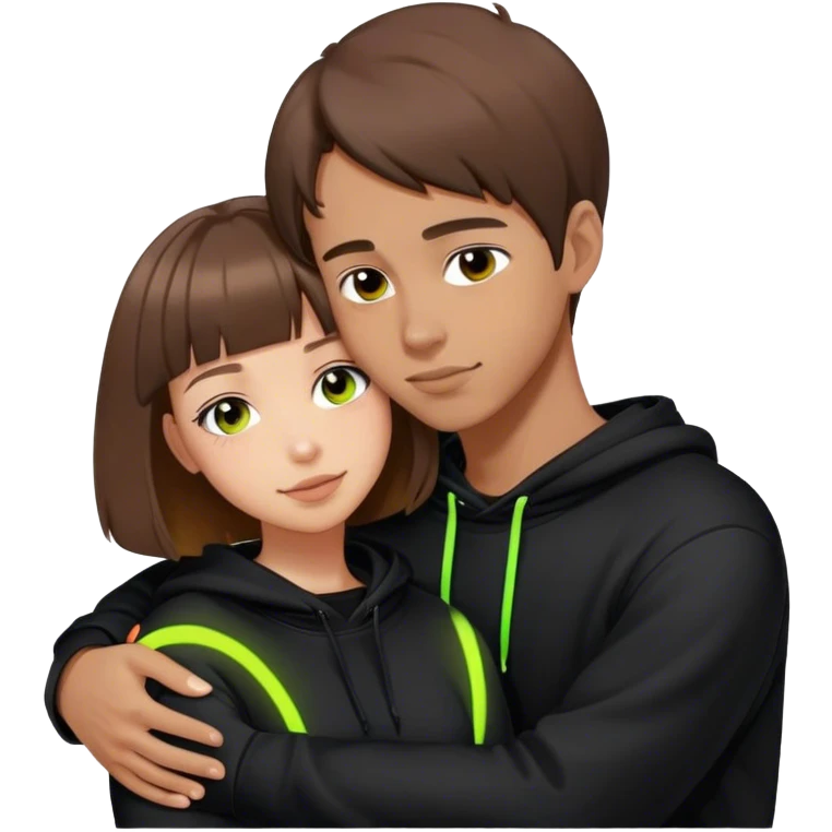 cyberpunk a girl with brown hair, a bob haircut, hugs a guy by the neck, both in black hoodies with neon emoji
