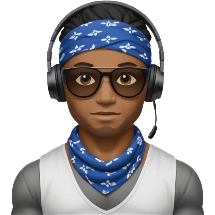 black muscular man with shades, headphones and bandana emoji