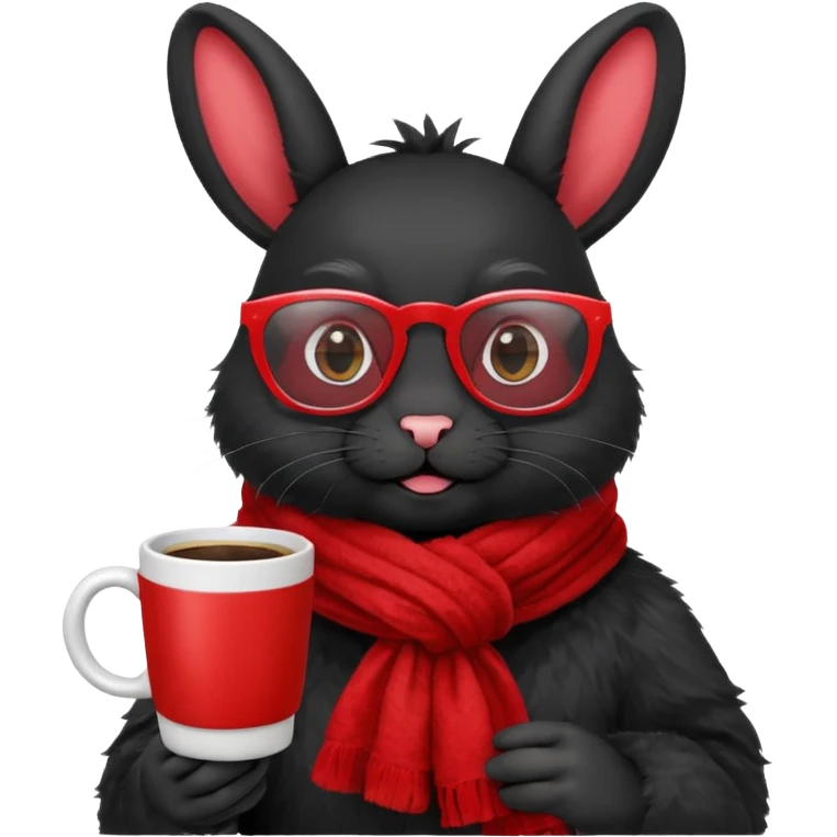 Black rabbit, wearing red glasses, red scarf, holding coffee mug
 emoji