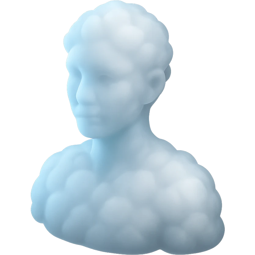 person looking straight, fully made of white fluffy convex clouds, shoulders up, matte glass style emoji