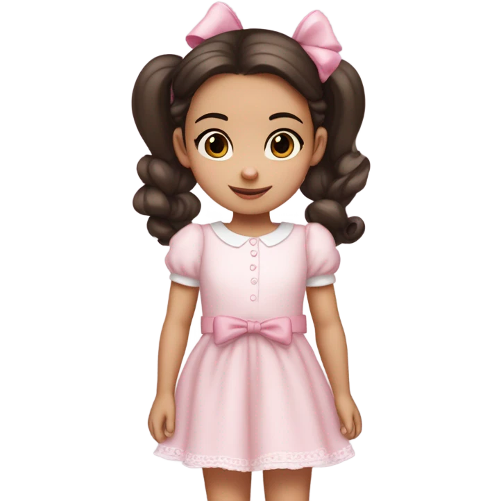 Little 3 year old Girl with light white skin, brown eyes. Dark hair in two ponytails, with light pink bows.  She is wearing a light pink and White dress, standing and holding a teddybear with a pink bow. Only showing up to her waist emoji