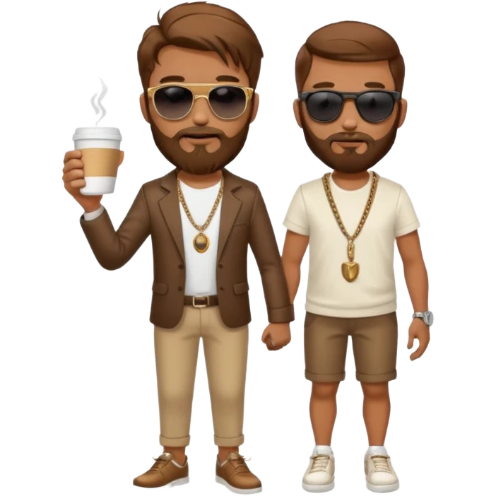 stylish bearded male traveler with coffee cup on hand, cool sun glasses with chain strap, white shoes, emoji