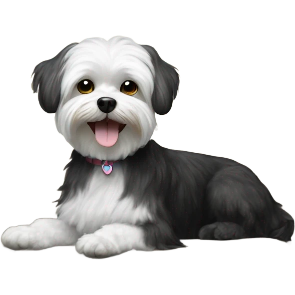 Black Maltese dog on couch with a smile emoji