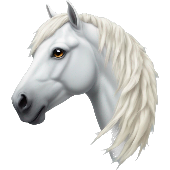 A white horse with a beautiful mane stands turning its head to the left next to the sacred Yakut serge emoji