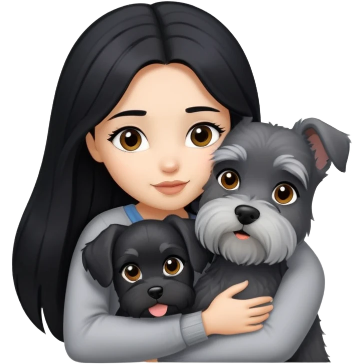 A beautiful girl with long black hair hugs a Schnauzer emoji