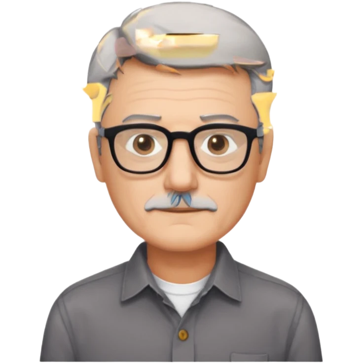 man 60 short dark grey hair, brown eyes small black rectangle glasses no beard emoji