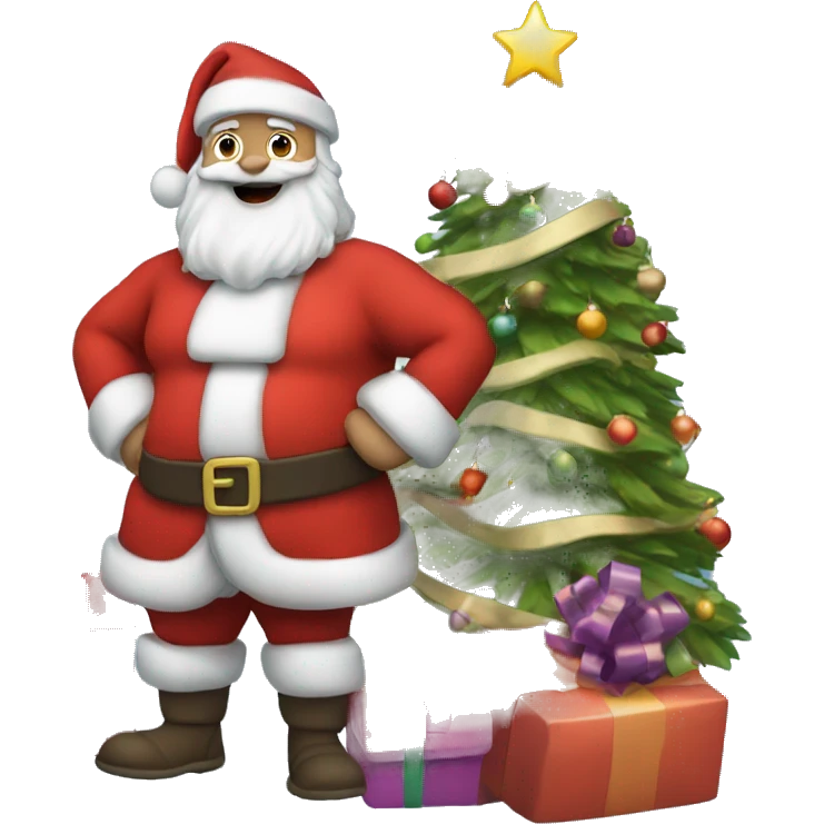 santa claus standing next to the Christmas tree with presents and gifts in his hands emoji
