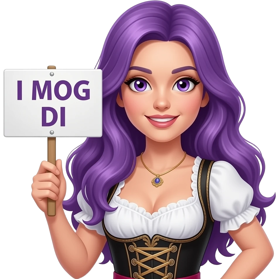 sexy girl with long purple hair and purple eyes wearing a dirndl holding a I MOG DI sign emoji