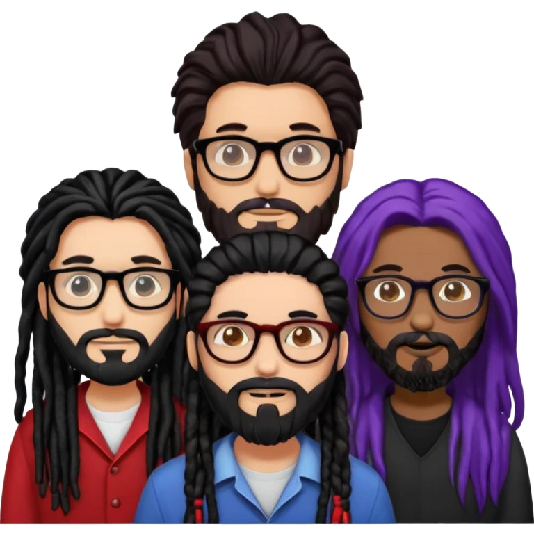 Three people standing together: on the left, a man with long hair, glasses, and a beard; on the right, a man with black dreadlocks with a red accent; in the center, a woman wearing glasses with violet-and-black hair emoji