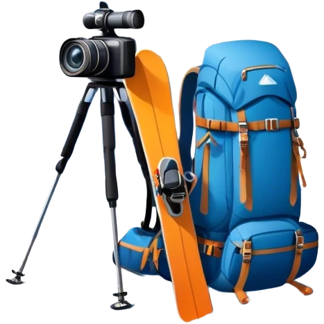 Icon for Mountain Tourism: a distant snow-capped mountain peak with skis, a snowboard, an ice axe, a backpack and a camera. The icon should convey the spirit of adventure and exploration in the mountains. Transparent background. emoji