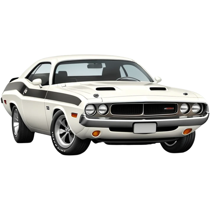 Accurate white 1971 Dodge Challenger, precise 30-degree three-quarter view, maintaining proper proportions and structure, detailed front grille and headlights, all-white exterior, iOS emoji style emoji