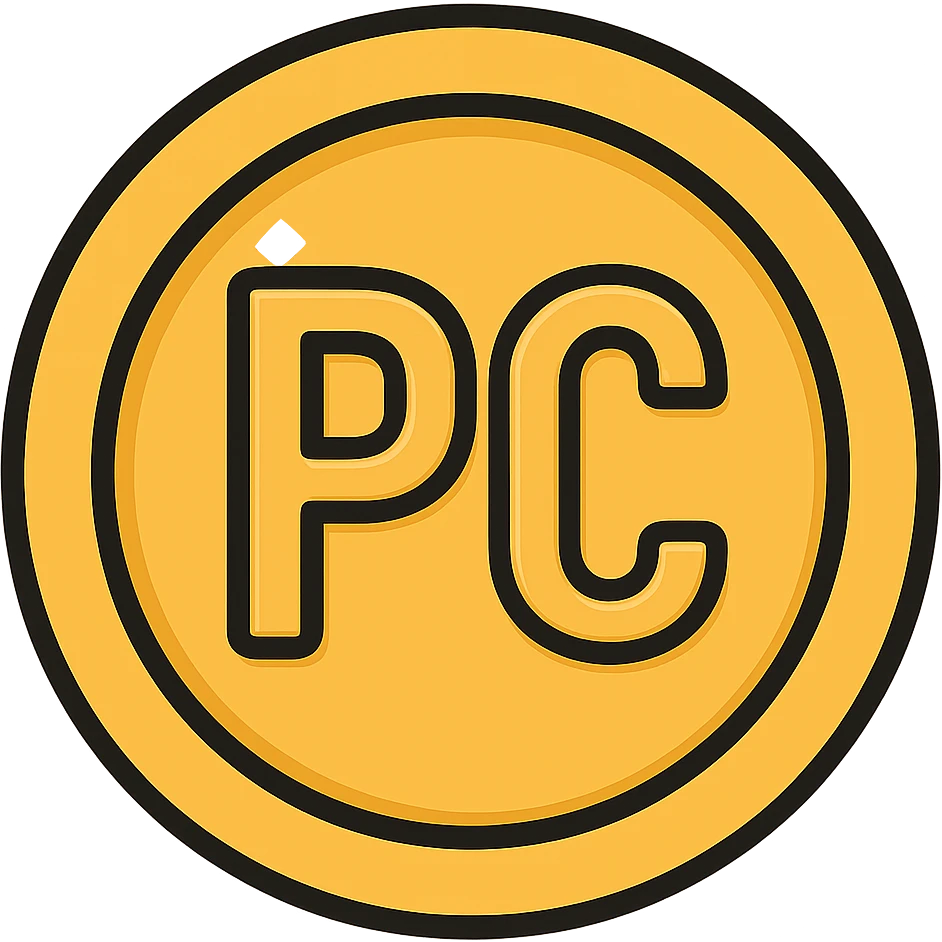 Add the text 'PC' in the center of the coin with an engraved or embossed effect, maintaining the shiny gold texture and look, in color outline style with no background. emoji