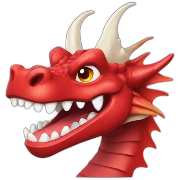 Crazy funny red dragon head with human white teeth and beautiful smile emoji