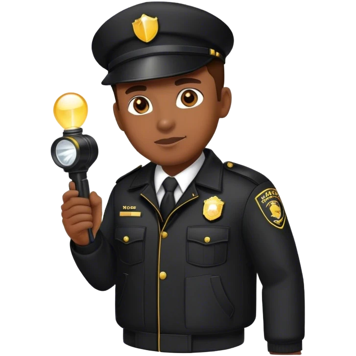 A vigilant male security guard wearing a black uniform, a cap with ‘SECURITY’ embroidered on it, and a black jacket. He holds a flashlight  shining its beam forward emoji