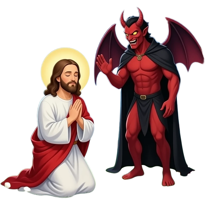 Jesus being tempted in the garden at night by Satan while praying emoji