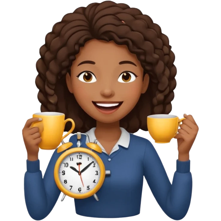 a black girl laughing with her eyes closed with a clock and tea in her hands emoji