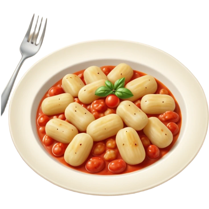 Gnocchi Cinematic Realistic Gnocchi Dish Emoji, depicted as tender oblong potato gnocchi garnished with iconic fork marks on top, rendered with soft textures and warm, inviting lighting. add tomato sauce emoji