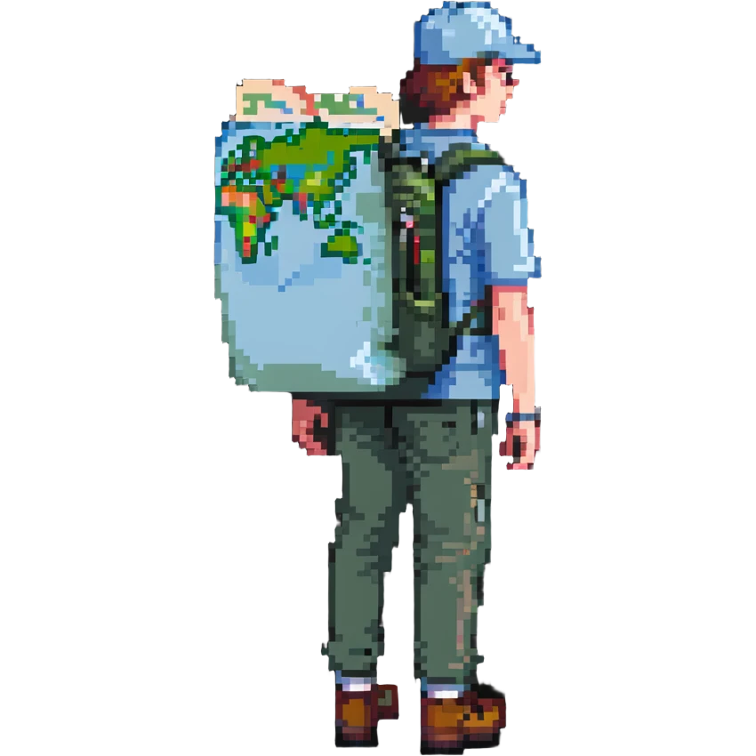 confused traveler with backpack looking at map emoji