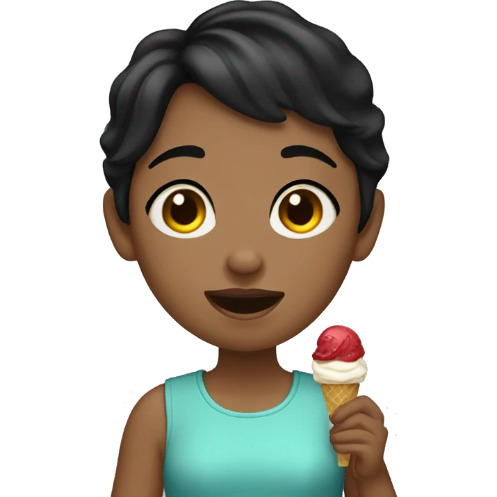 A short-haired girl with black hair eats ice cream emoji