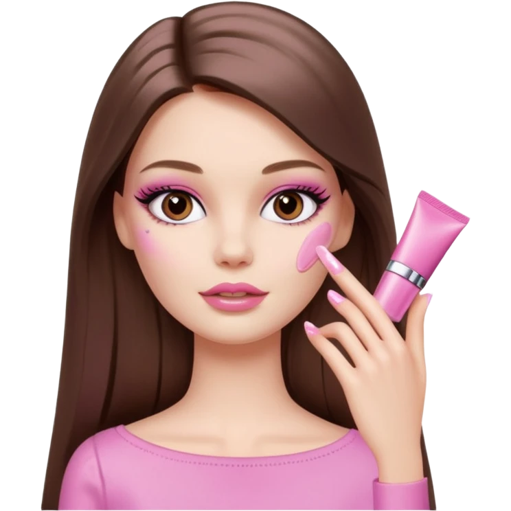 Barbie girl a brown long Straight hair and brown eyes is In pale pink smears by hand cosmetic cream Dior on her face emoji