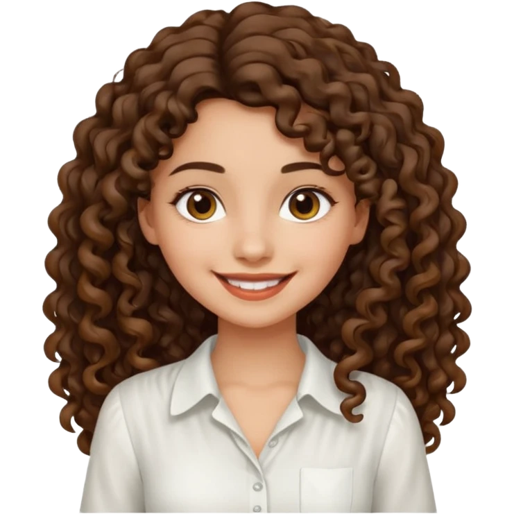 Morena, pele escura, cabelo longo cacheado, pequena e com uma blusa branca sorrindo emoji